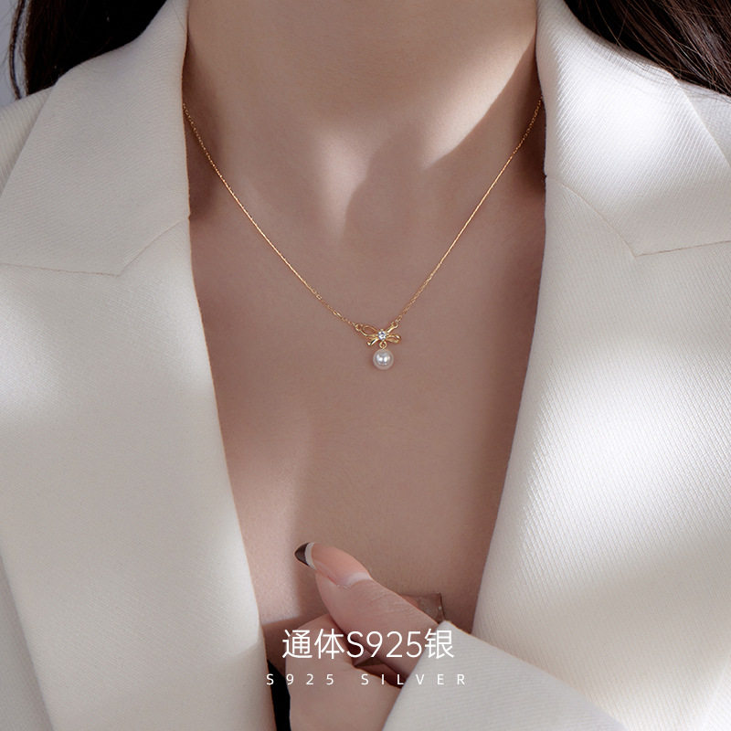 高级感S925银蝴蝶结闪钻贝珠吊坠