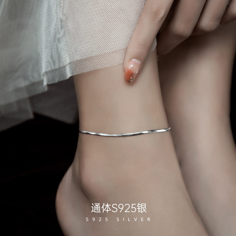 高级感S925银极简扁蛇骨链脚链女