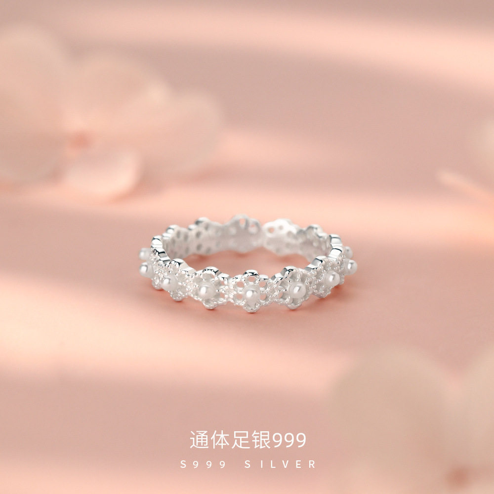 足银S999甜美镂空花朵珍珠戒指女