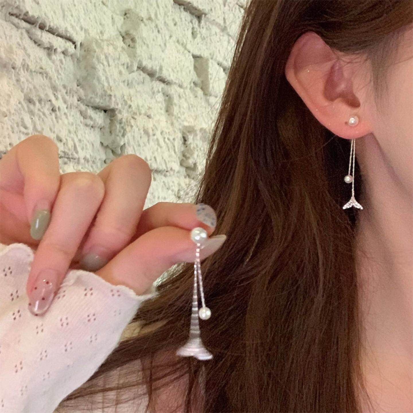 一款两戴鱼尾珍珠流苏耳环女轻奢高级感气质耳钉适合圆脸的耳饰品