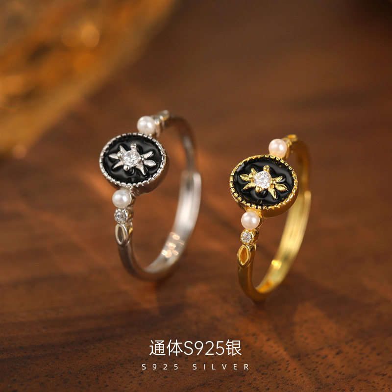 高级感S925银黑色滴釉珍珠戒指女