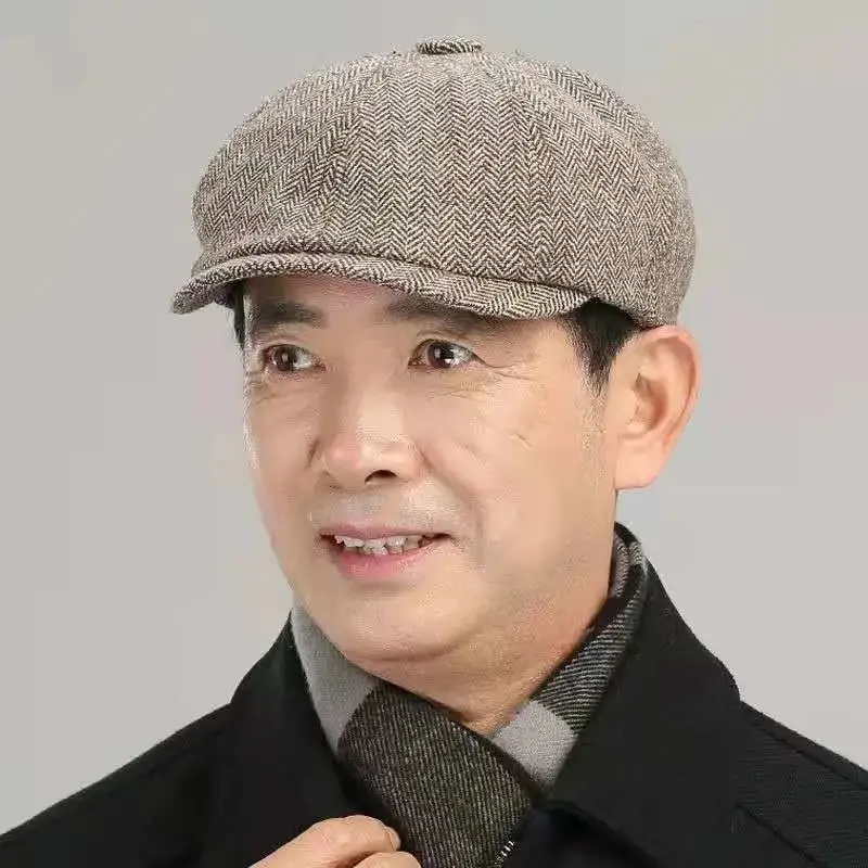 时尚老头帽子男士秋冬英伦爸爸生日鸭舌冒中老年人防寒保暖八角