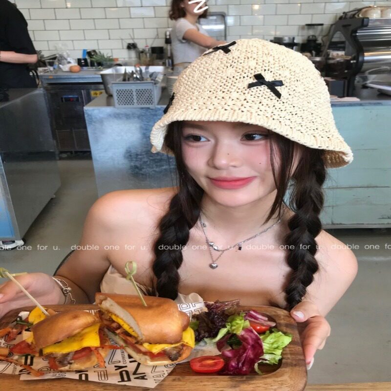 Double11 蝴蝶结草帽女生甜美可爱渔夫帽春夏出游海边防晒帽子