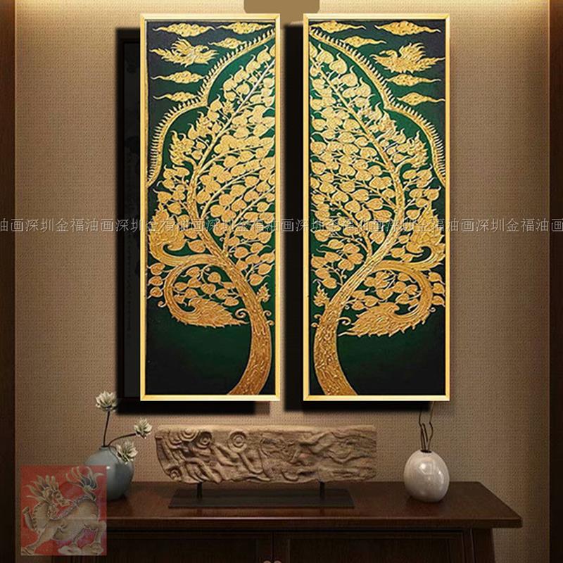 手绘高端东南亚风格装饰画家居泰式酒店玄关深绿色底菩提树挂画图片
