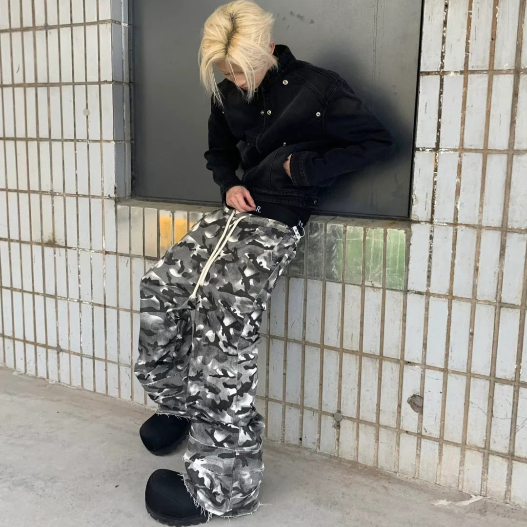 韩国迷彩脏染双腰头休闲裤