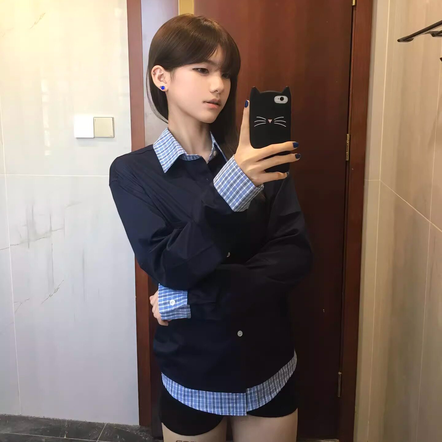 wonder1v莫代尔竹浆纤维抗皱藏蓝色假两件拼接格纹长袖衬衫miu系