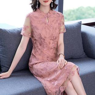 中式 桑蠶絲裙 端莊大氣真絲旗袍連衣裙中老年女新款 聲雨竹媽媽夏裝