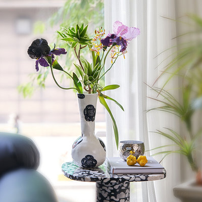 DCASA “黑白花朵”陶瓷花瓶 手绘法式中古高级感客厅