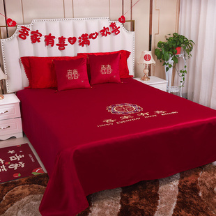 新娘出嫁床单大红色床上四件套被单抱枕一次性婚被女方铺喜床单子