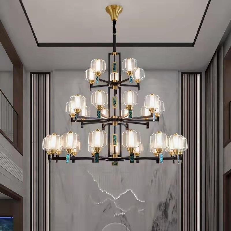 复式楼大吊灯全铜新中式中国风客厅铜灯现代中式别墅楼中楼大厅灯