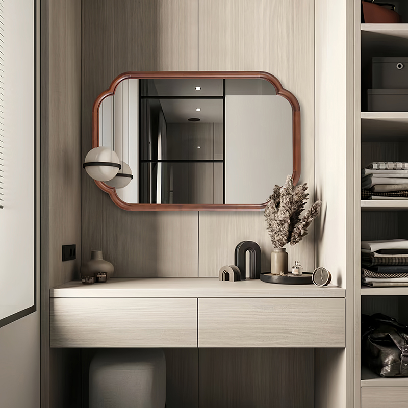 胡桃木色创意方形洗手间镜客厅玄关装饰镜新中式高清卧室梳妆台镜
