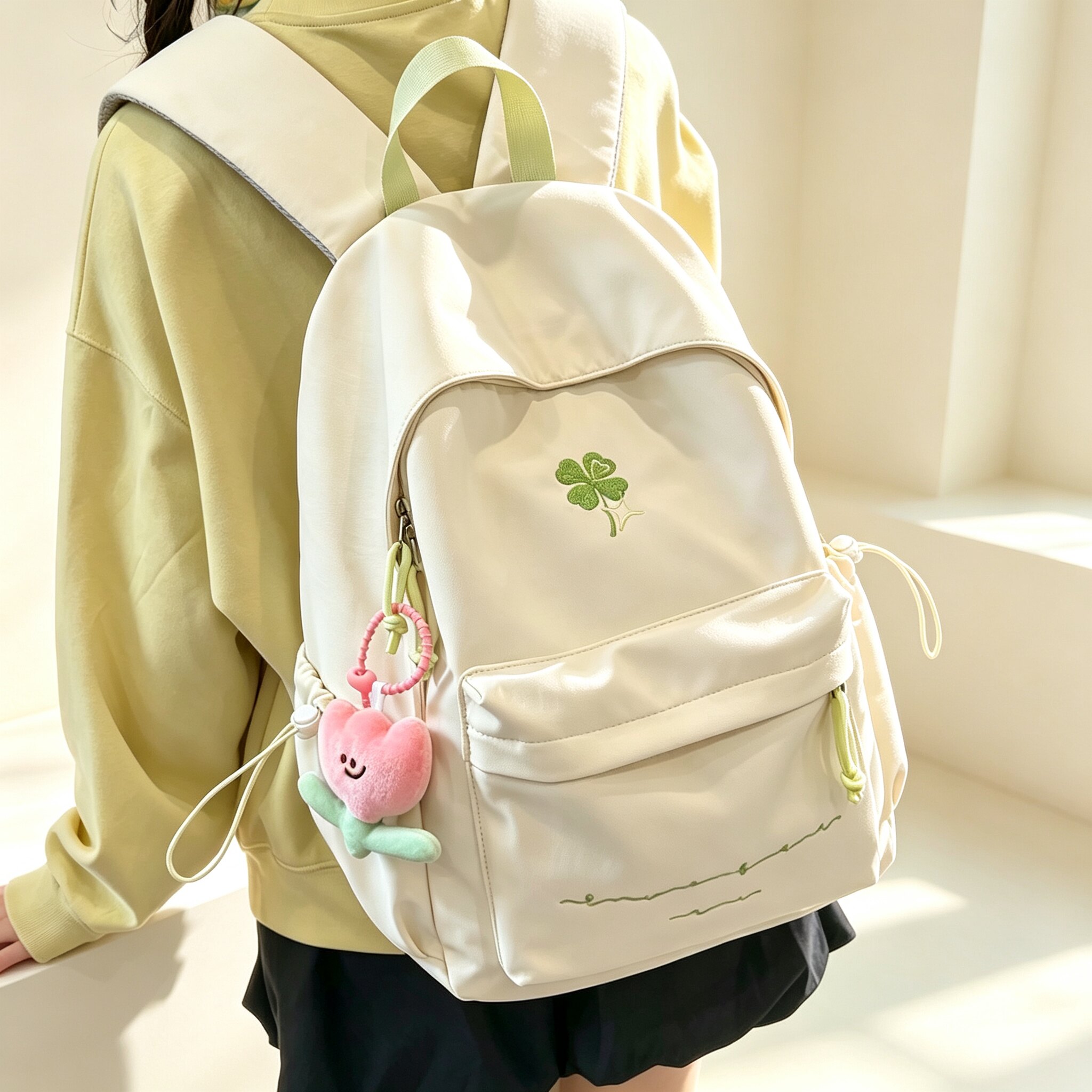 书包初中生女学生四叶草大容量校园通勤双肩包高中生简约百搭背包