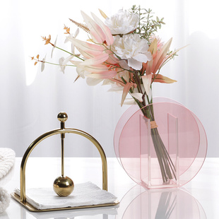 北欧简约高级感透明粉色玻璃花瓶干花花器客厅玄关样板间饰品摆件