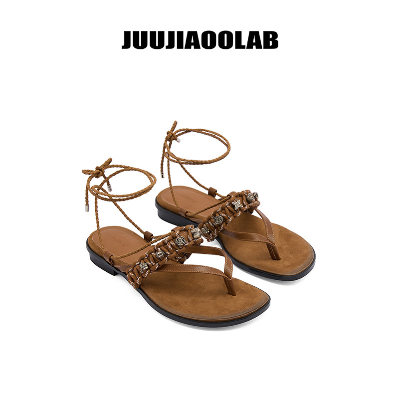 JUUJIAOOLAB原创设计师|26夏季新款绑带编织夹趾凉鞋女真皮平底鞋
