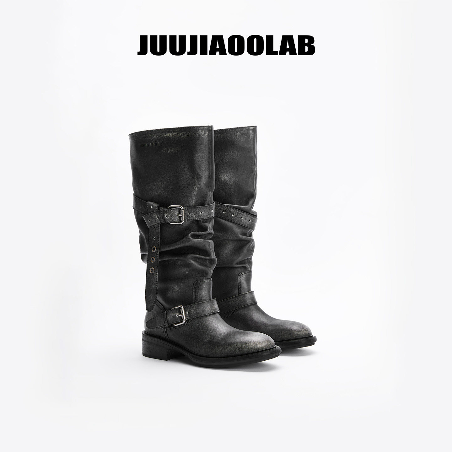 孙怡同款|JUUJIAOOLAB26秋季新款双扣褶皱堆堆长靴女厚底高筒靴子
