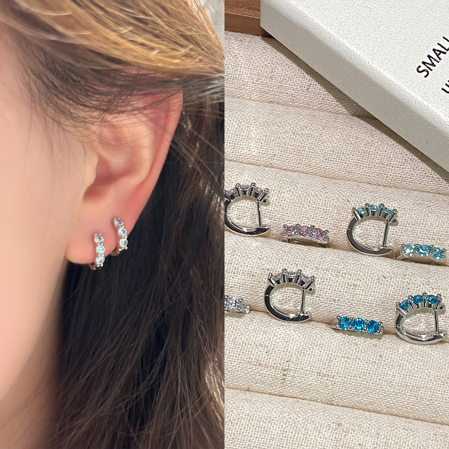 D型锆石耳扣女小众设计感超闪钛钢耳环气质耳圈耳钉耳饰睡觉免摘