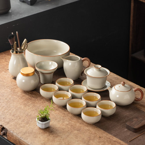 米黄汝窑功夫茶具套装中式陶瓷茶壶E盖碗茶杯茶盘轻奢高档家用喝