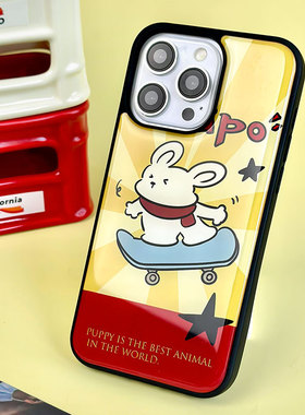 适用于苹果Ipone11黄底手机壳12ProMax图案滑板兔13卡通甜美14ProMax文艺英文16Pro吸睛雅致16ProMax潮流