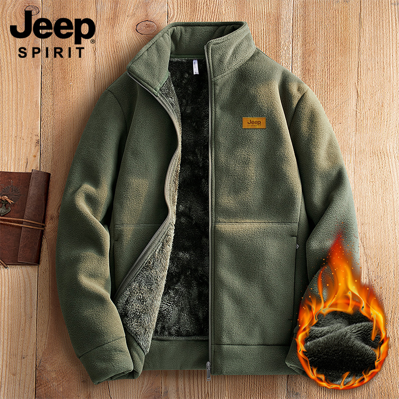 JEEPSPIRIT加绒外套男保暖加厚中老年爸爸立领宽松防风内胆抓绒衣