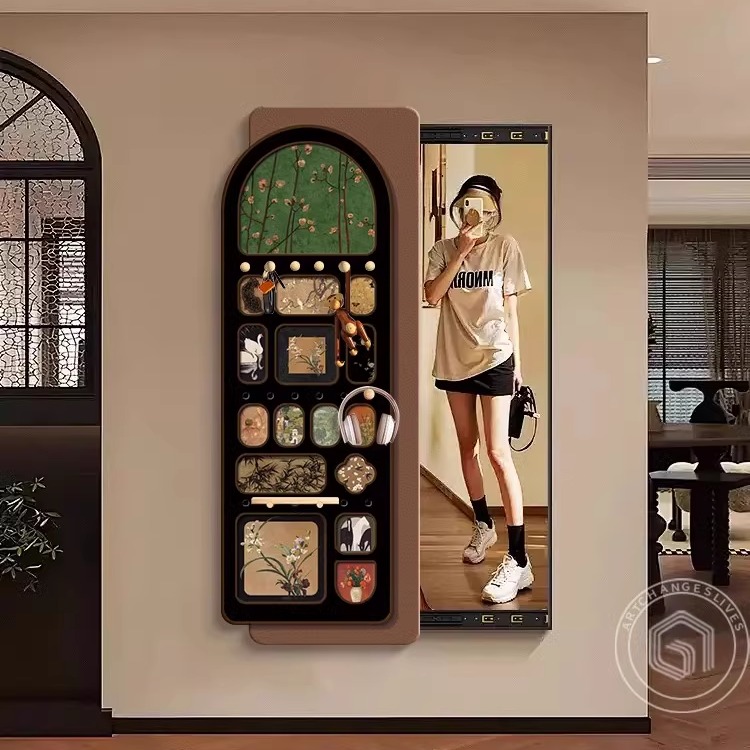 中古风推拉隐藏式全身镜挂画穿衣镜洞洞板落地镜子家用玄关装饰画