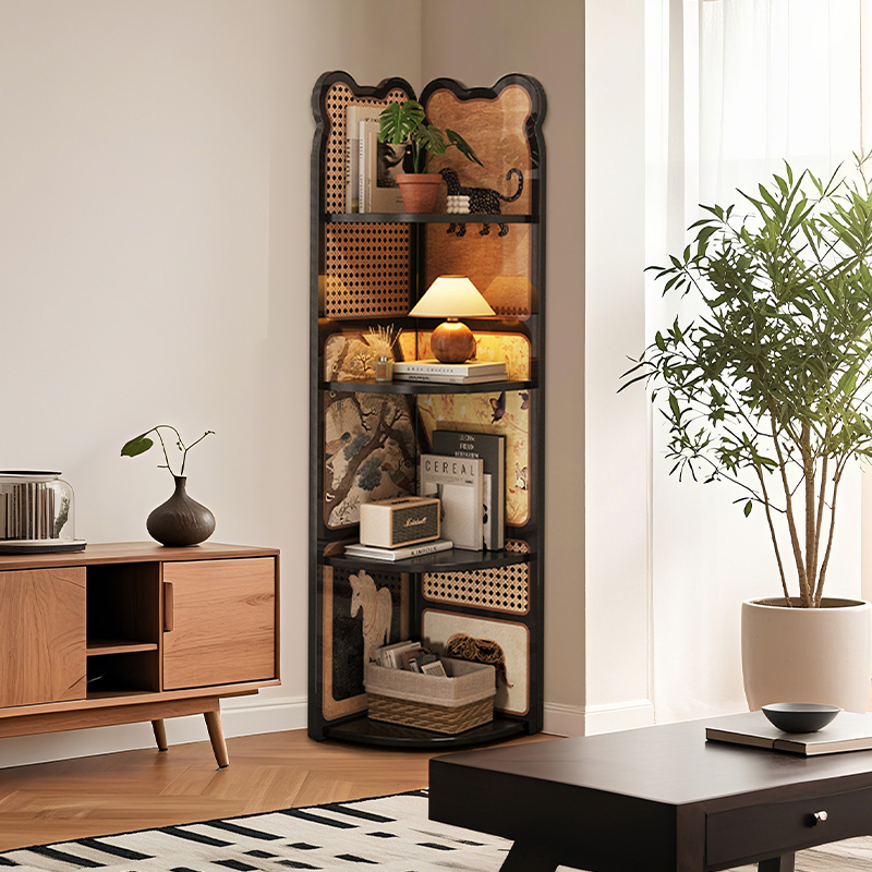 转角书架落地置物架客厅拐角多层收纳柜子中古风三角柜书柜