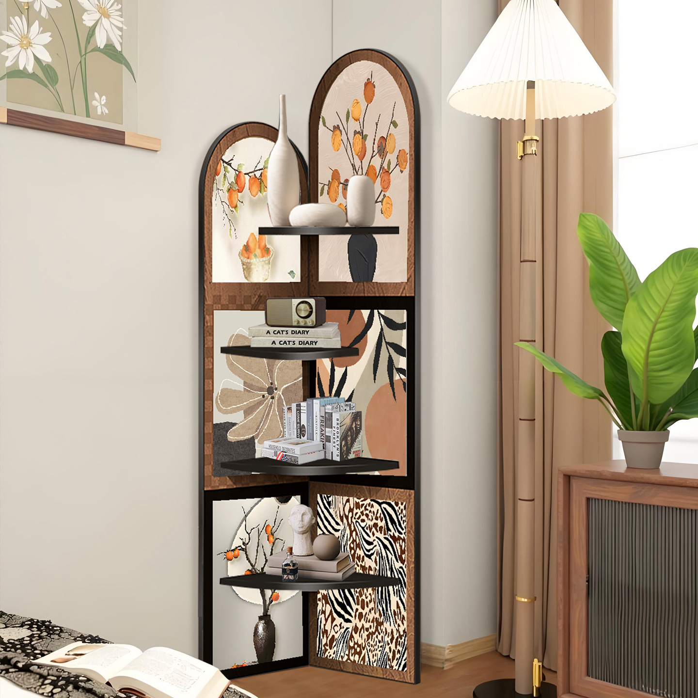 中古风落地摆件客厅沙发拐角墙面转角柜复古置物架多层角柜装饰画