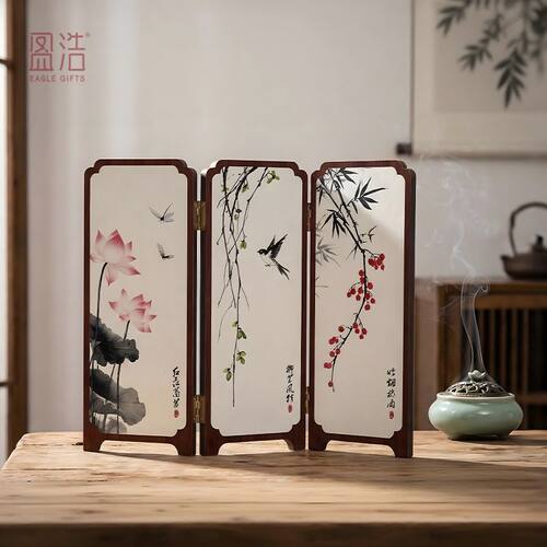 新中式三折叠荷花竹子桌面屏风