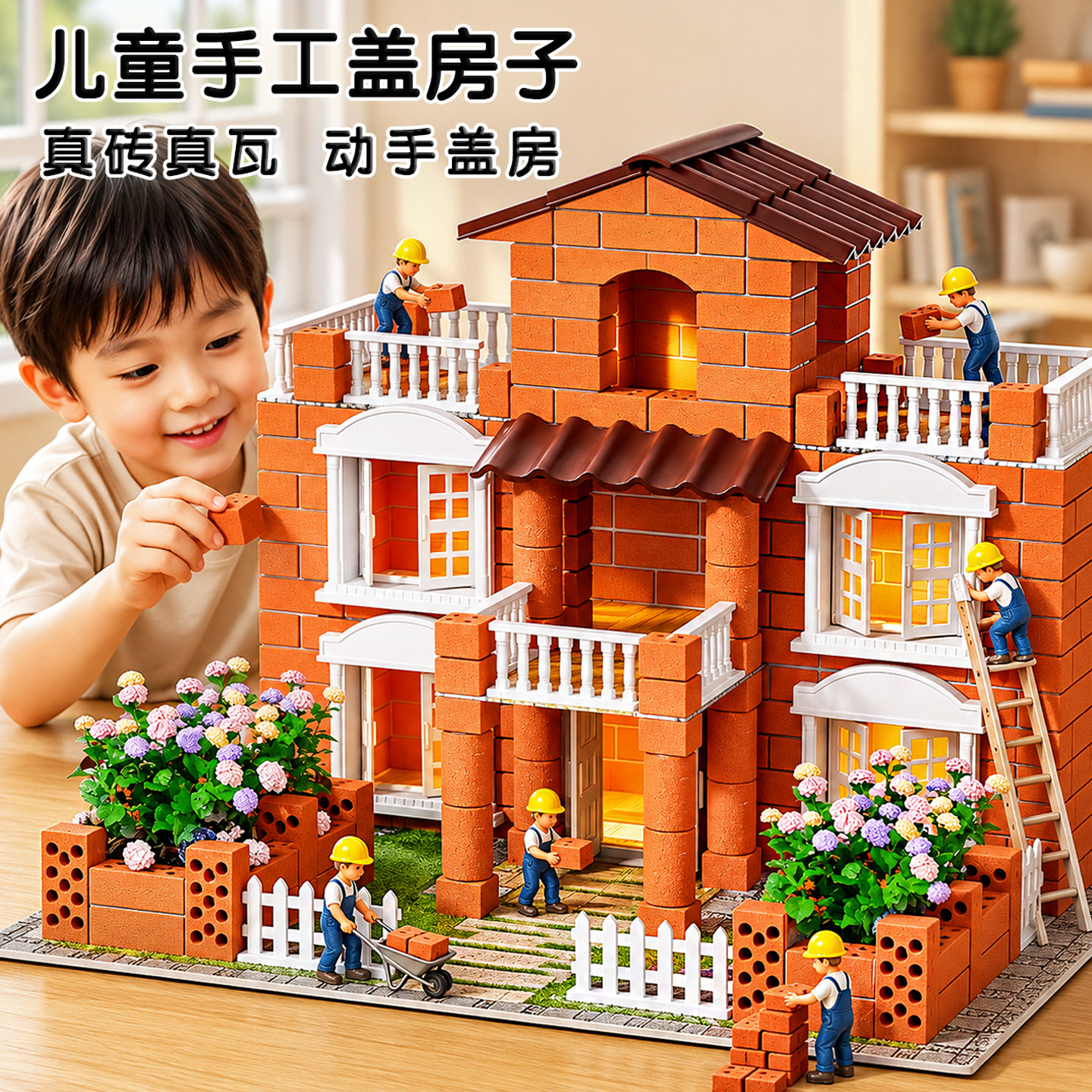 儿童泥瓦匠盖房子砌墙玩具水泥迷你真砖块头建筑手工造diy小屋6男