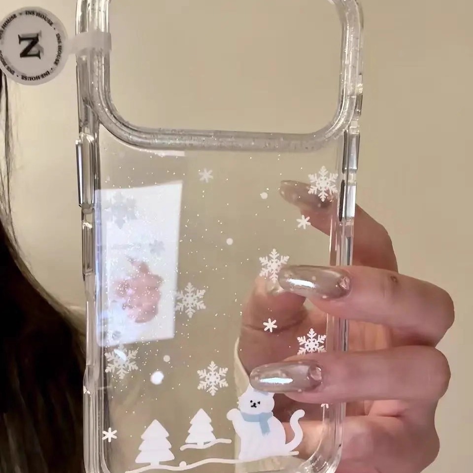 韩系透底满屏雪花圣诞帽猫咪适用iPhone17ProMax手机壳16苹果15软