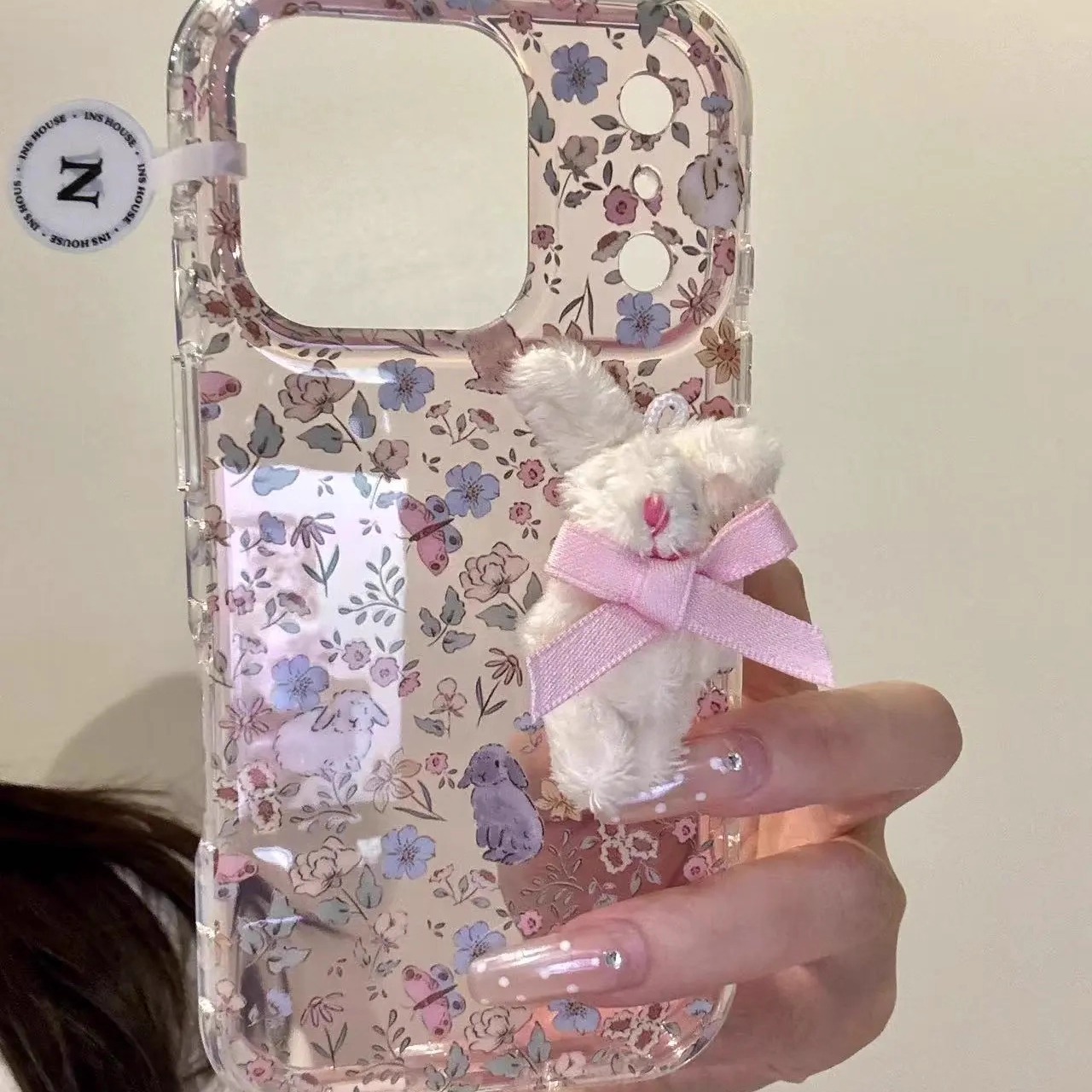 唯美ins粉透碎花兔子适用iPhone17ProMax手机壳16苹果15防摔男女