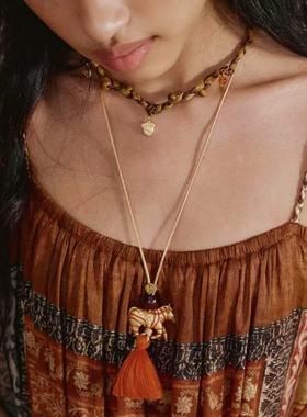 欧美复古民族风大斑马流苏项链