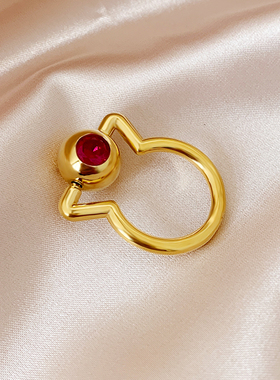 欧美新款复古几何猫爪型戒指INS冷淡风红宝石镶钻爱心指环