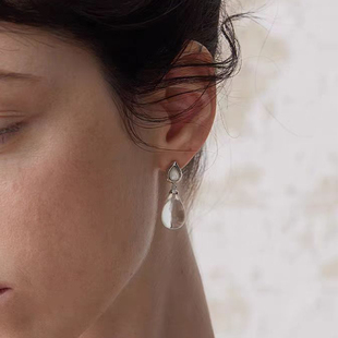 法式优雅复古露珠造型耳环灰玛瑙白水晶虎眼石气质百搭款耳钉