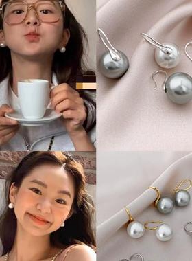 韩版时尚珍珠耳钉施家正圆S925银针耳钉耳环真多麻灰色珍珠耳饰