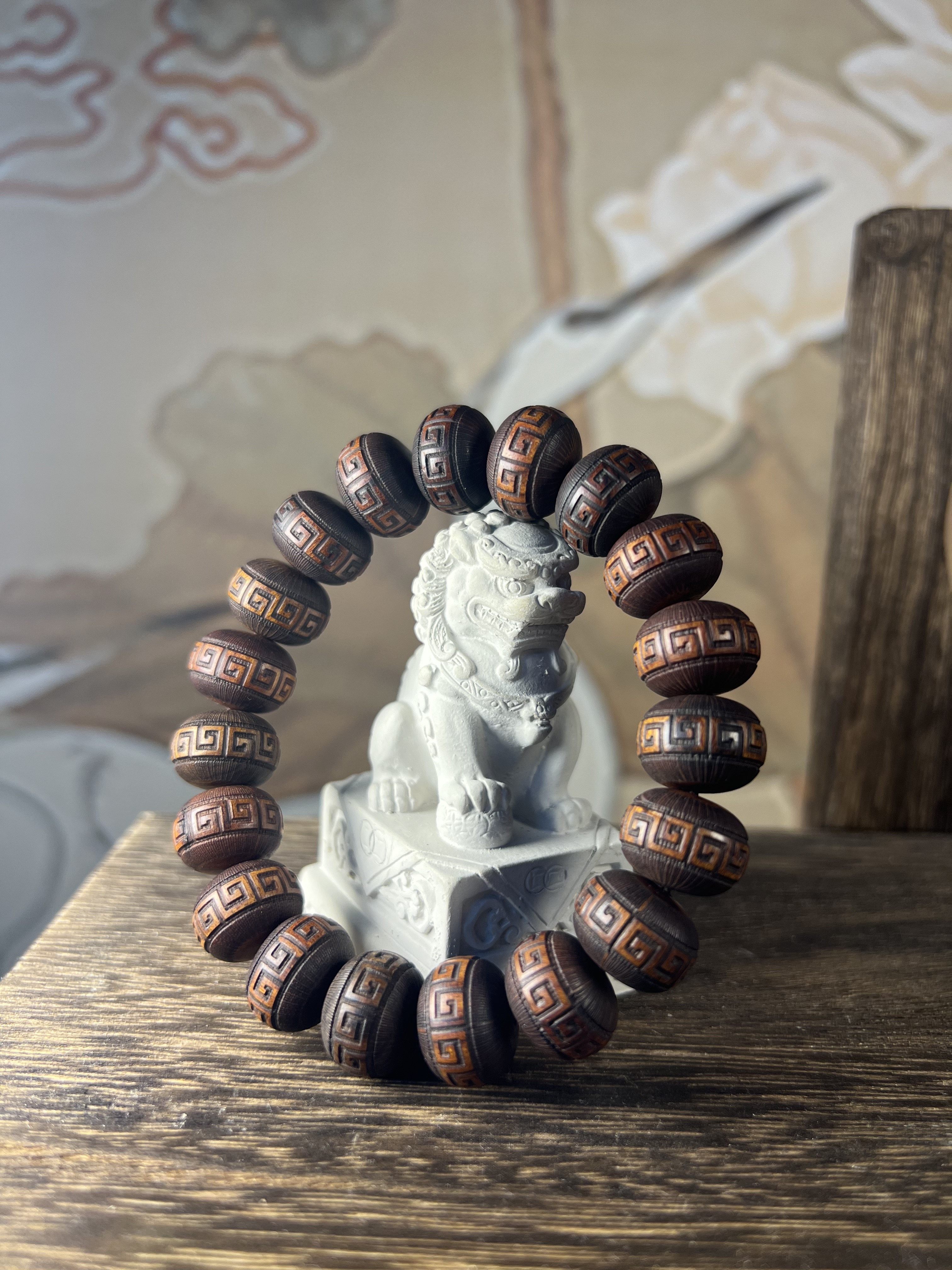 思香铺非洲黑酸枝佛珠手串15mm19颗吉祥纹算盘珠念珠手链老料雕刻