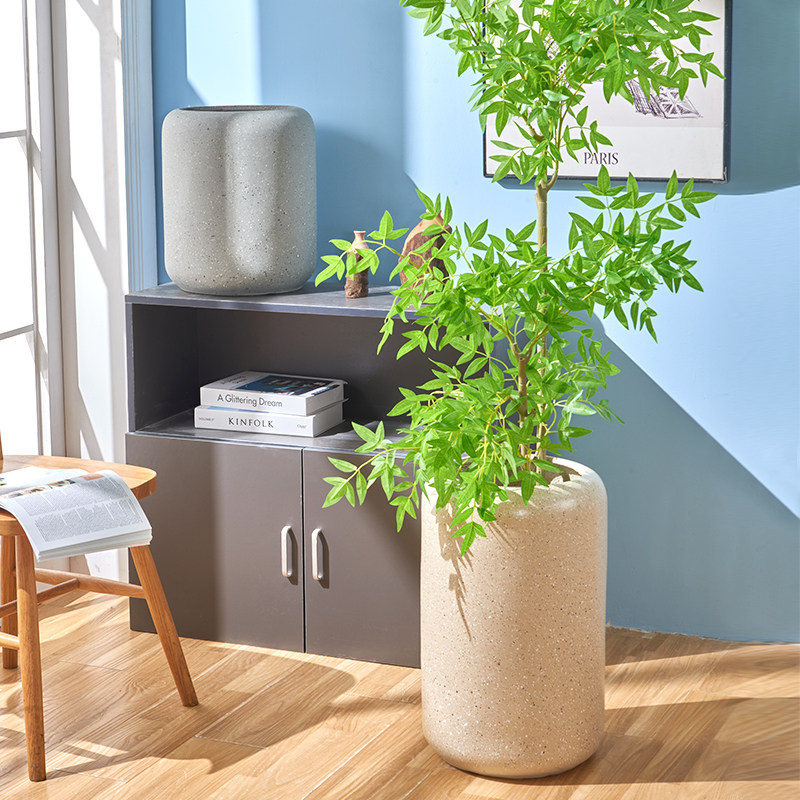 宝诗格家用简约圆柱形檐口镁泥花盆办公室盆栽摆件落地水泥花盆