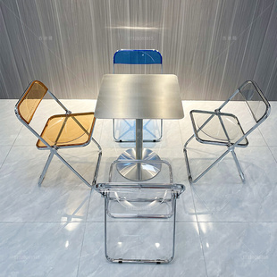 透明亚克力折叠椅网红奶茶店咖啡桌全不锈钢餐桌小方桌工业风椅子