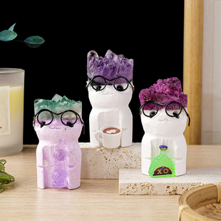 天然水晶矿石紫晶簇雕刻原石雕刻件办公桌面小众可爱公仔礼物摆件