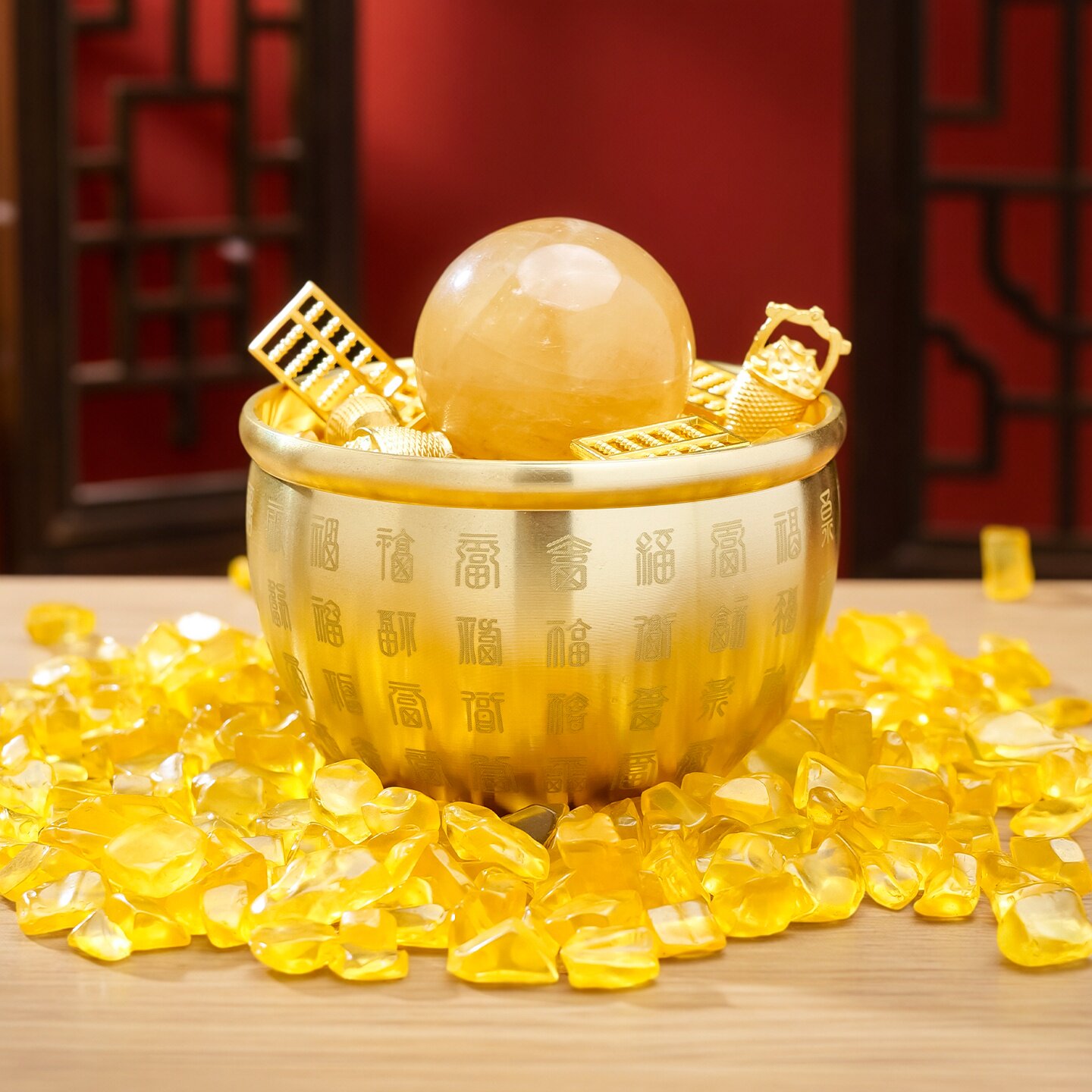 天然黄水晶百福缸聚宝盆黄冰州金元宝桶金家居招财创意装饰品摆件