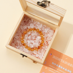 天然水晶碎石消磁实木收纳盒摆件水晶能量净化水晶原石消磁碗摆件