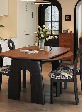 法式中古风全实木白蜡木可伸缩餐桌可变圆桌家用小户型复古吃饭桌