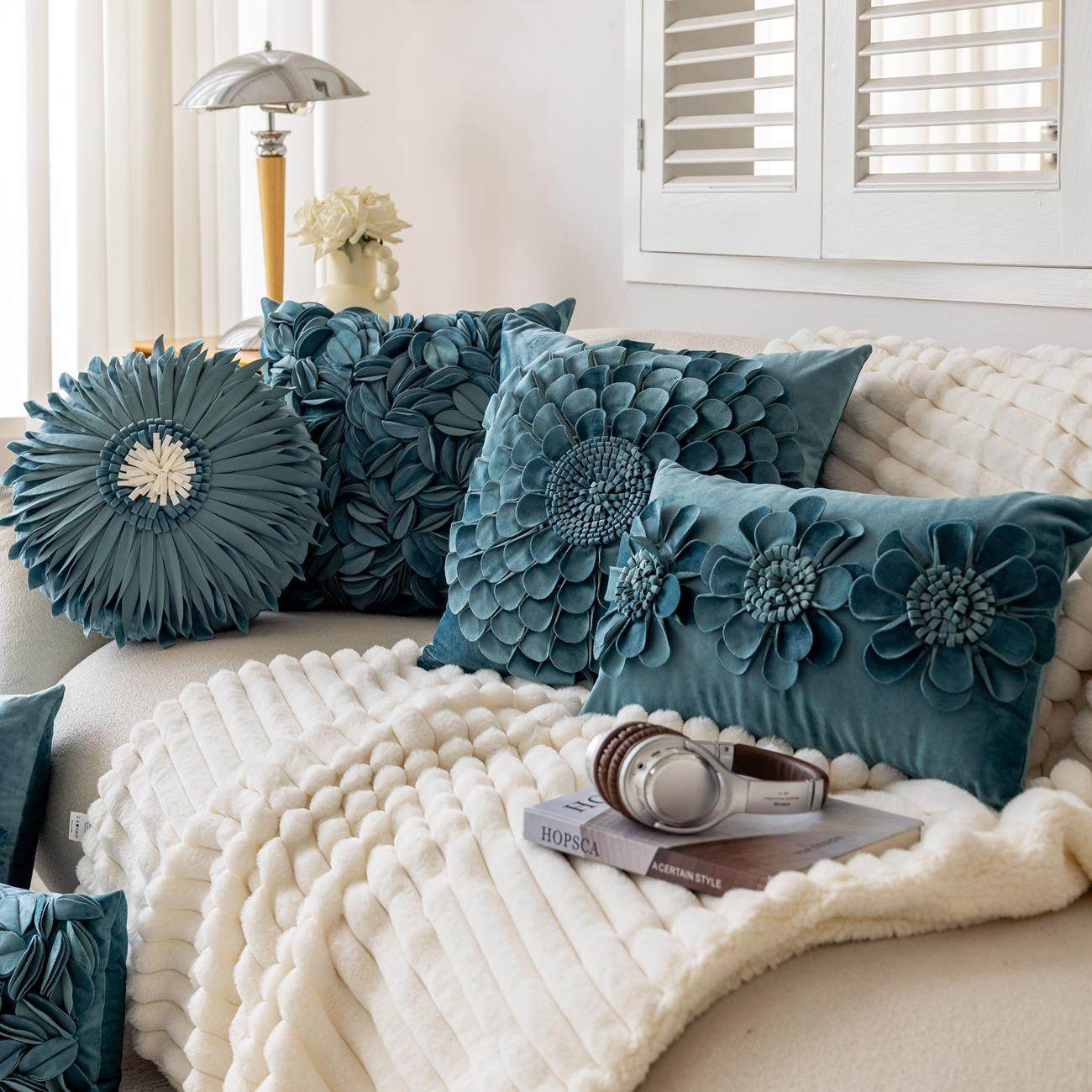 欧式轻奢雾霾蓝花朵沙发抱枕套 网红办公室酒店床头靠垫飘窗靠枕,居家布艺,抱枕被,淘宝优惠券,粉丝福利购,淘宝优惠卷