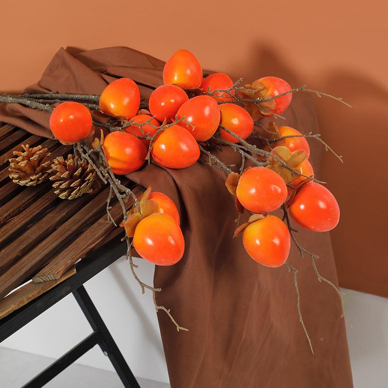 仿真柿子中水式家柿子枝居新年福桶庆装饰果婚拍摄装饰柿子摆假件