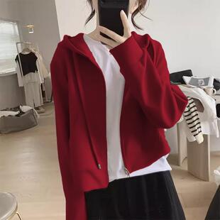 初秋美式复古短款卫衣女款2024新款爆款加绒连帽加厚拉链开衫外套