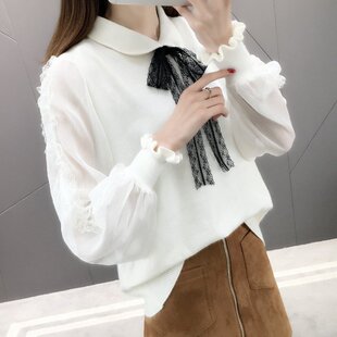 洋气针织打底衫 蝴蝶结网红 蕾丝袖 新款 女上衣 毛衣女2020春装
