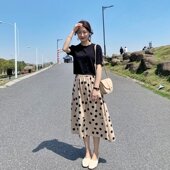 t恤女法国初恋针织过膝长款 裙子套装 两件套短袖 气质复古波点长裙