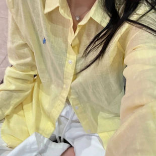 春夏秋季亚麻老钱风浅黄色小马标衬衫女长袖新款外套开衫防晒衬衣