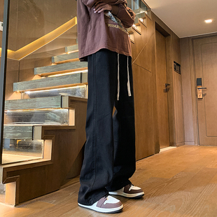 2025新款弯刀微喇牛仔裤男生抽绳美式高街阔腿百搭休闲 黑色长裤