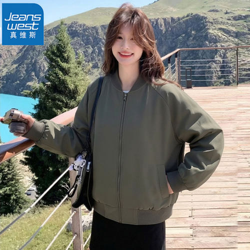 真维斯女美式立领拉链宽松夹克