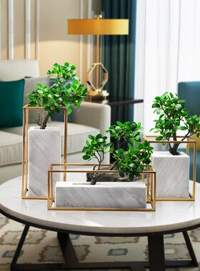 新中式大理石铁艺仿真植物盆栽酒店会H所别墅样板房创意软装饰摆